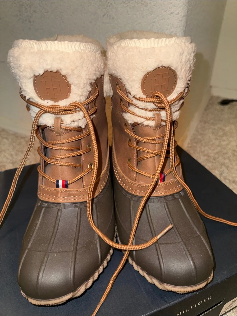 Tommy Hilfiger Tan and Dark Brown Sherpa-Lined Winter Duck Boots